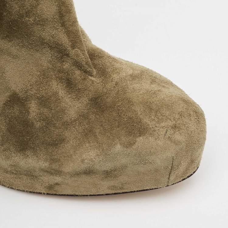 Pre Owned Brian Atwood Olive Green Suede Chain Embellished Booties Size 38.5