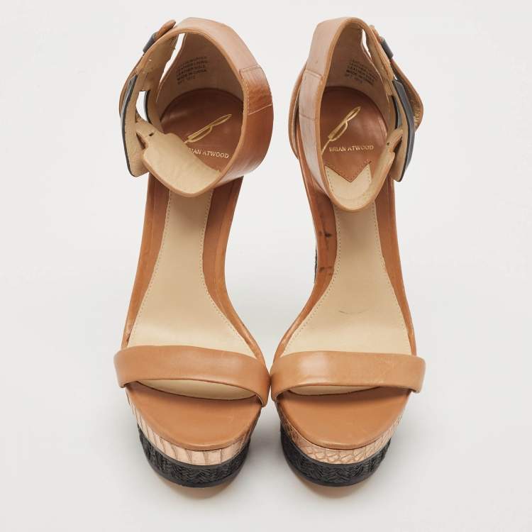 Pre Owned Brian Atwood Brown/Black Snakeskin Embossed and Leather Braganca Ankle Strap Sandals Size 37.5