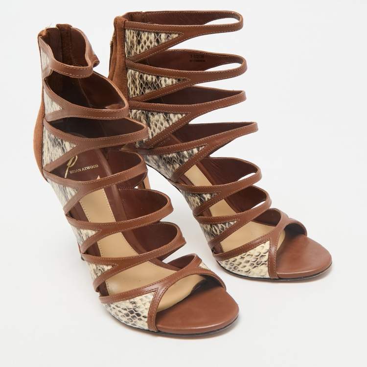 Pre Owned Brian Atwood Brown Leather and Snakeskin Lynnden Cage Sandals Size 38