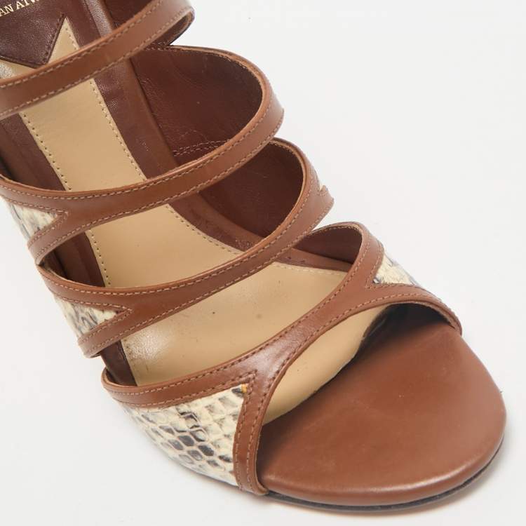 Pre Owned Brian Atwood Brown Leather and Snakeskin Lynnden Cage Sandals Size 38