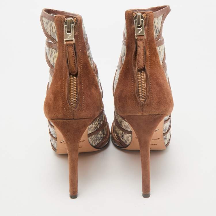 Pre Owned Brian Atwood Brown Leather and Snakeskin Lynnden Cage Sandals Size 38