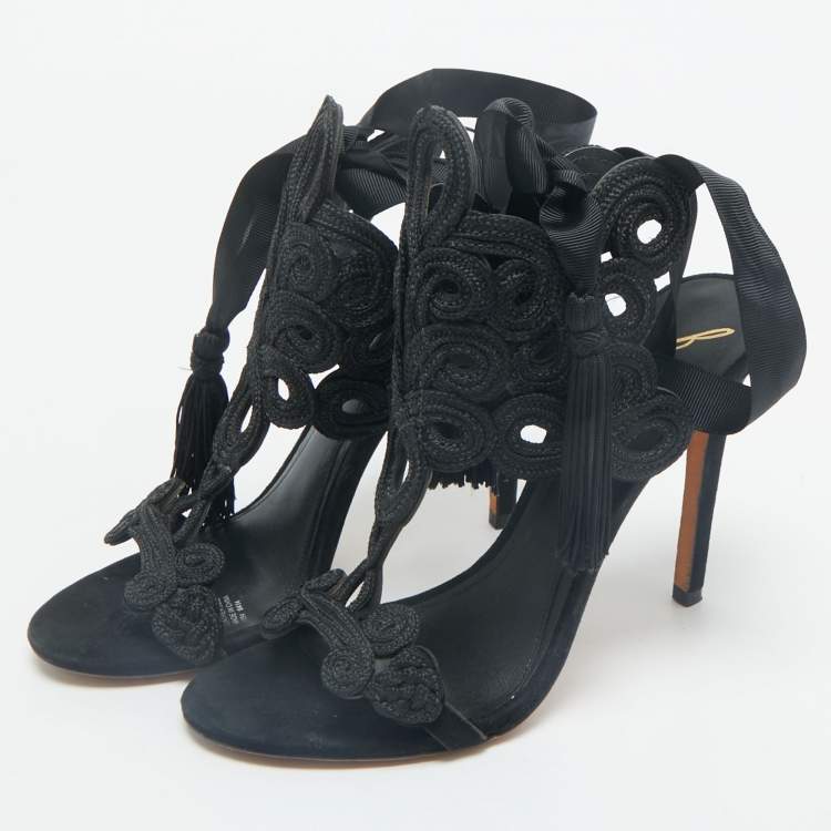 Pre Owned Brian Atwood Black Embroidered Suede Ankle Wrap Sandals Size 37