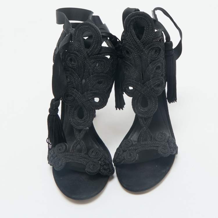 Pre Owned Brian Atwood Black Embroidered Suede Ankle Wrap Sandals Size 37