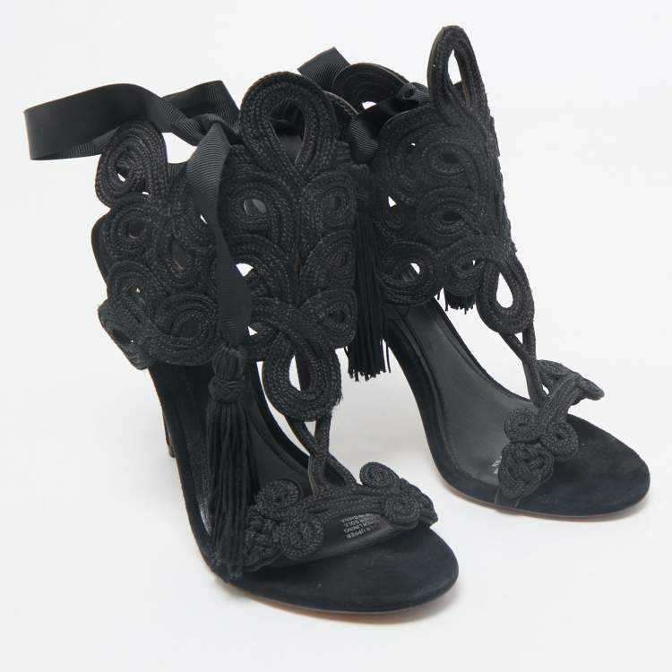 Pre Owned Brian Atwood Black Embroidered Suede Ankle Wrap Sandals Size 37