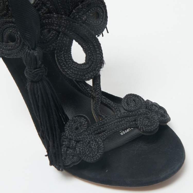 Pre Owned Brian Atwood Black Embroidered Suede Ankle Wrap Sandals Size 37