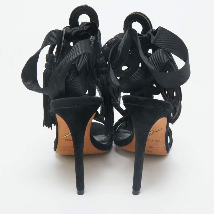 Pre Owned Brian Atwood Black Embroidered Suede Ankle Wrap Sandals Size 37
