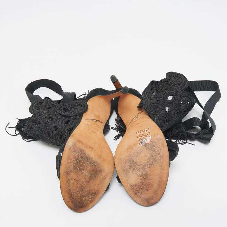 Pre Owned Brian Atwood Black Embroidered Suede Ankle Wrap Sandals Size 37