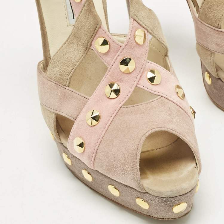 Pre Owned Brian Atwood Beige Cut Out Studded Suede Peep Toe Platform Sandals Size 39