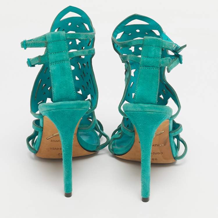 Pre Owned Brian Atwood Green Suede Laplata Laser Cut Sandals Size 39.5