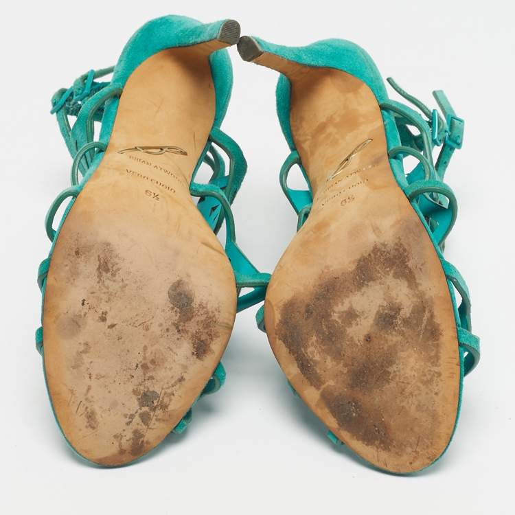 Pre Owned Brian Atwood Green Suede Laplata Laser Cut Sandals Size 39.5