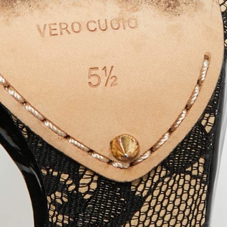 Pre Owned Brian Atwood Size 35.5 Black/Beige Lace and Patent Leather Ankle Strap Sandals