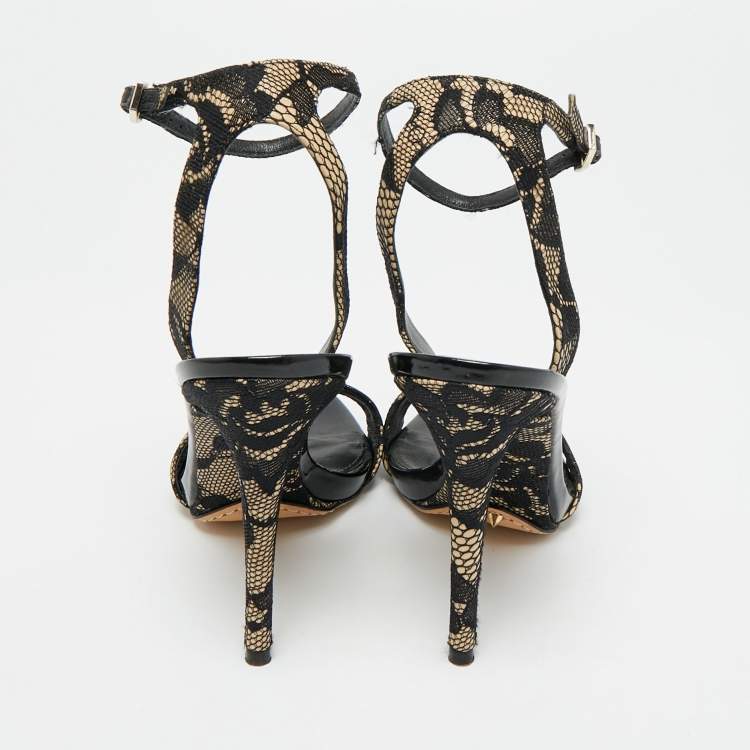 Pre Owned Brian Atwood Size 35.5 Black/Beige Lace and Patent Leather Ankle Strap Sandals