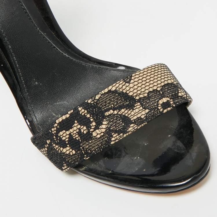 Pre Owned Brian Atwood Size 35.5 Black/Beige Lace and Patent Leather Ankle Strap Sandals