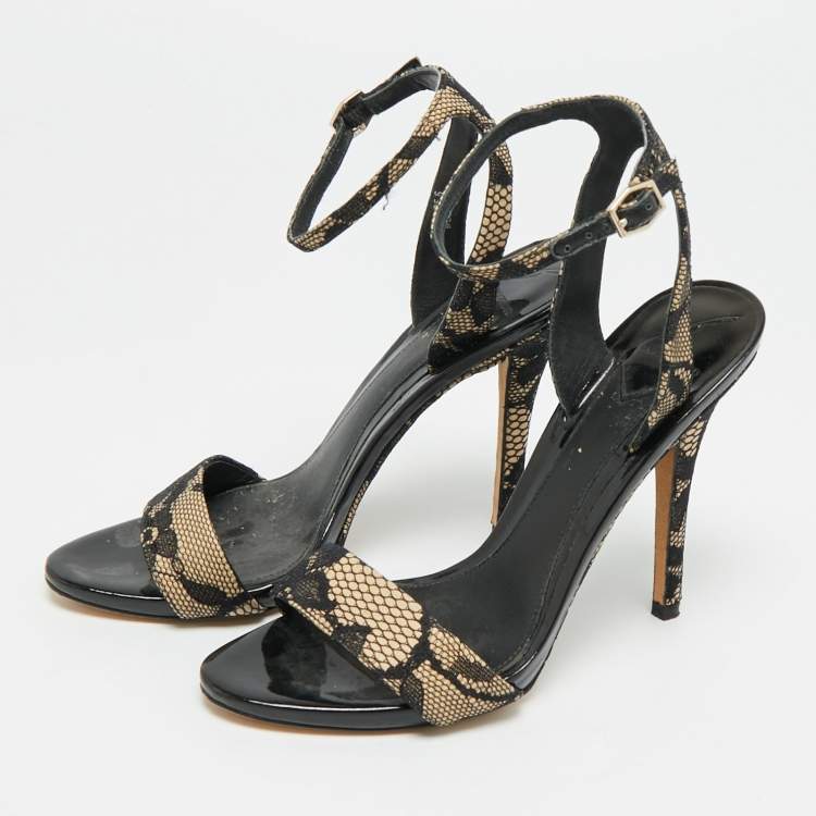 Pre Owned Brian Atwood Size 35.5 Black/Beige Lace and Patent Leather Ankle Strap Sandals