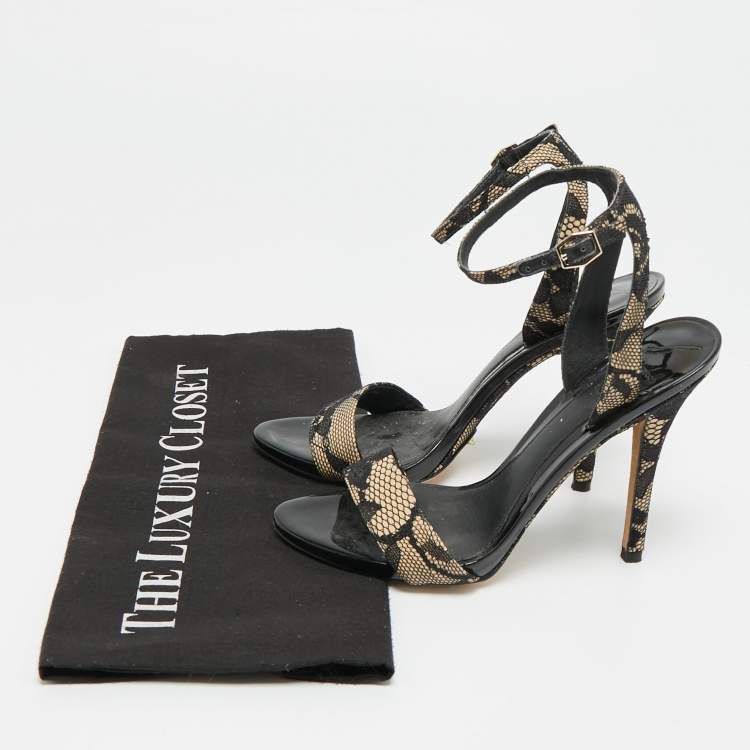 Pre Owned Brian Atwood Size 35.5 Black/Beige Lace and Patent Leather Ankle Strap Sandals