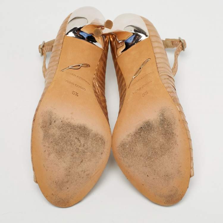 Pre Owned Brian Atwood Size 35.5 Metallic Python Leather Open Toe Pumps