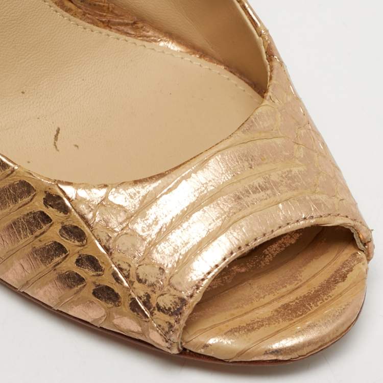 Pre Owned Brian Atwood Size 35.5 Metallic Python Leather Open Toe Pumps
