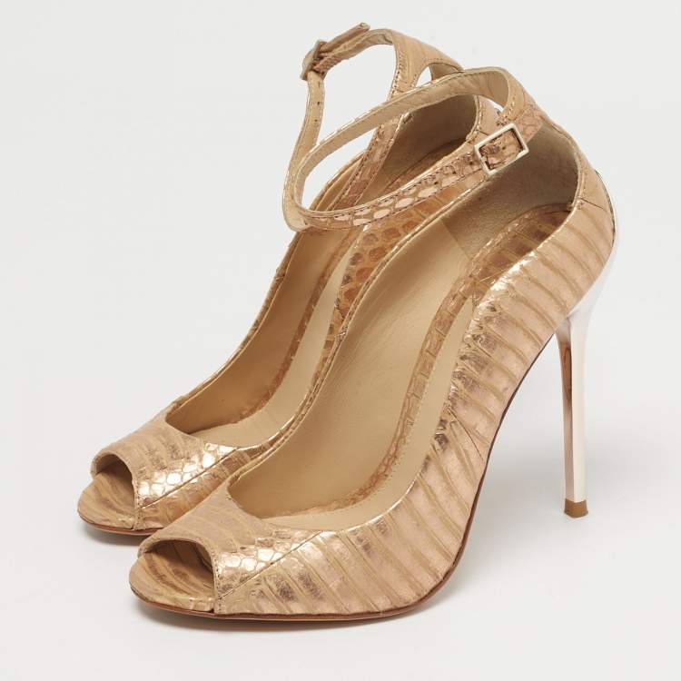 Pre Owned Brian Atwood Size 35.5 Metallic Python Leather Open Toe Pumps