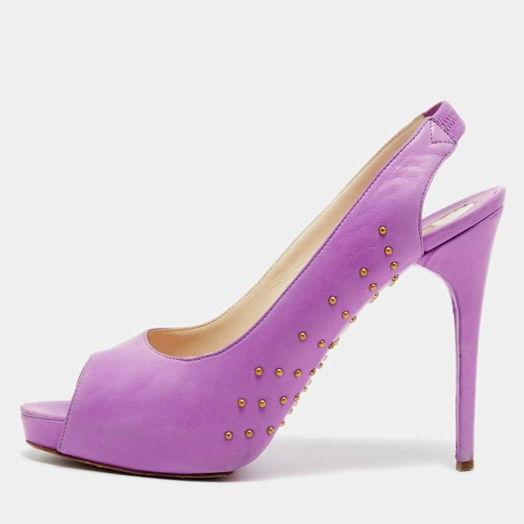 Pre Owned Brian Atwood Size 40.5  Lilac Leather Studded Peep Toe Slingback Pumps