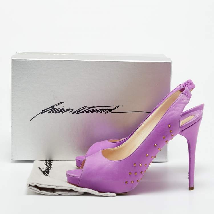 Pre Owned Brian Atwood Size 40.5  Lilac Leather Studded Peep Toe Slingback Pumps
