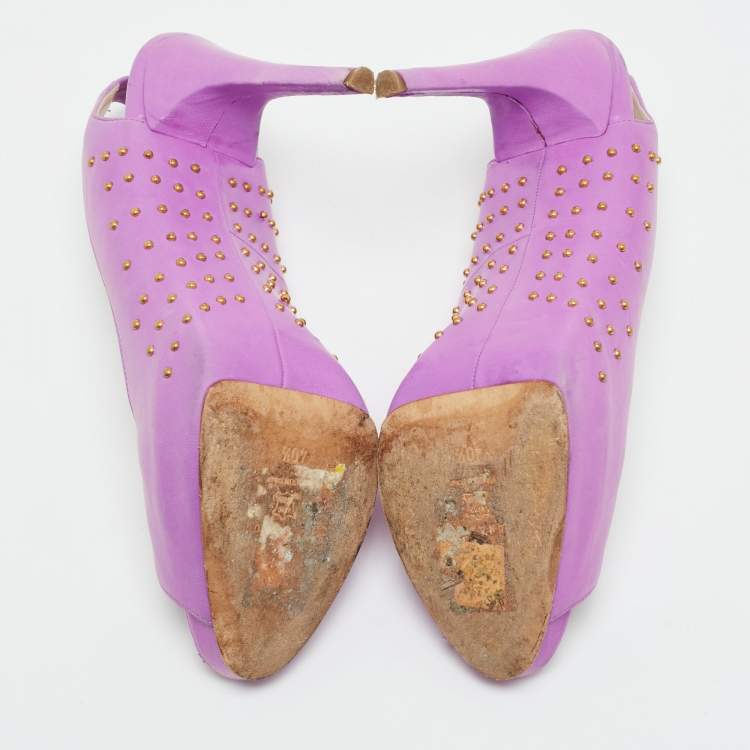 Pre Owned Brian Atwood Size 40.5  Lilac Leather Studded Peep Toe Slingback Pumps