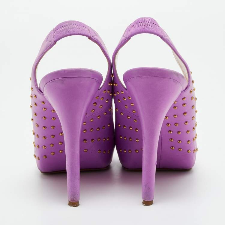 Pre Owned Brian Atwood Size 40.5  Lilac Leather Studded Peep Toe Slingback Pumps