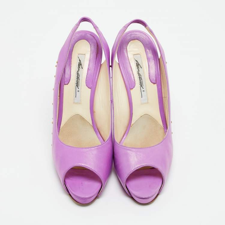 Pre Owned Brian Atwood Size 40.5  Lilac Leather Studded Peep Toe Slingback Pumps