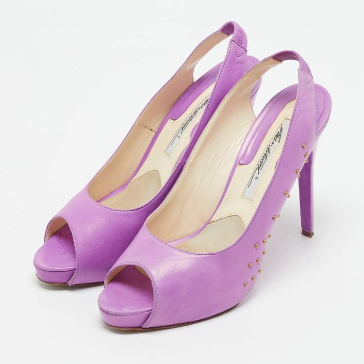 Pre Owned Brian Atwood Size 40.5  Lilac Leather Studded Peep Toe Slingback Pumps