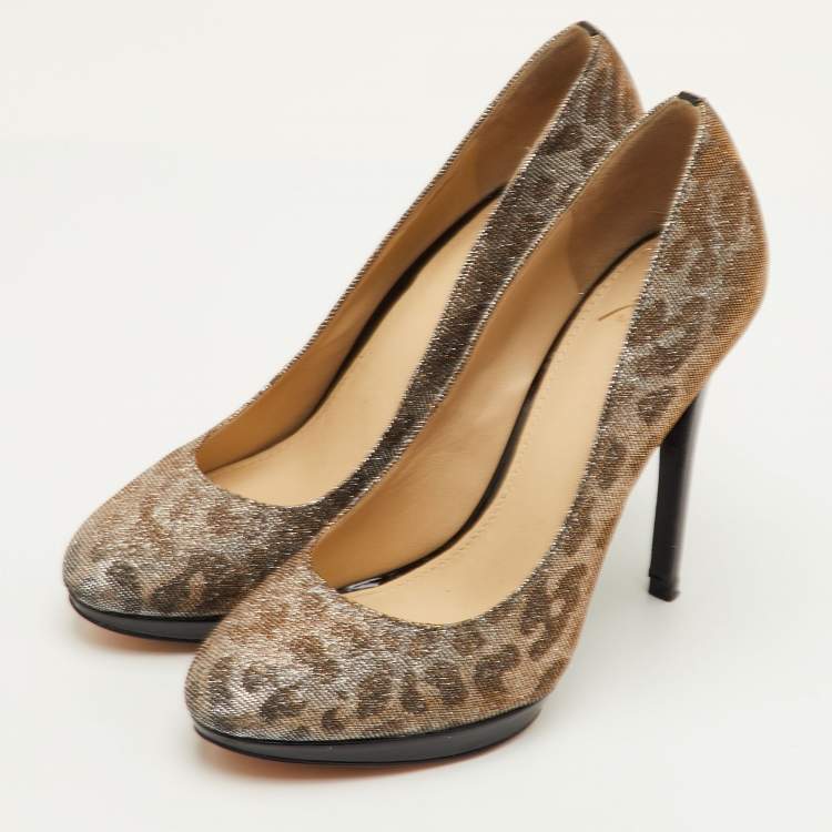 Pre Owned Brian Atwood Size 38.5 Silver Metallic Lurex Fabric Leopard Print Pumps