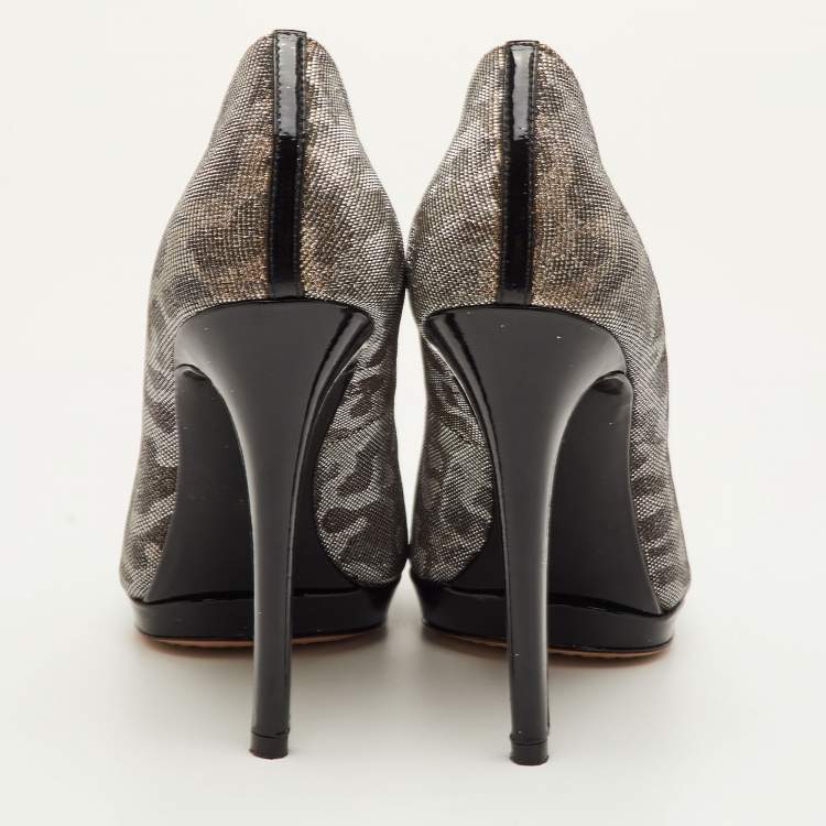 Pre Owned Brian Atwood Size 38.5 Silver Metallic Lurex Fabric Leopard Print Pumps