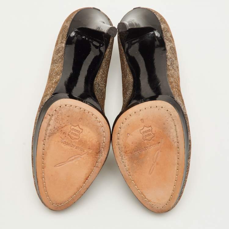 Pre Owned Brian Atwood Size 38.5 Silver Metallic Lurex Fabric Leopard Print Pumps