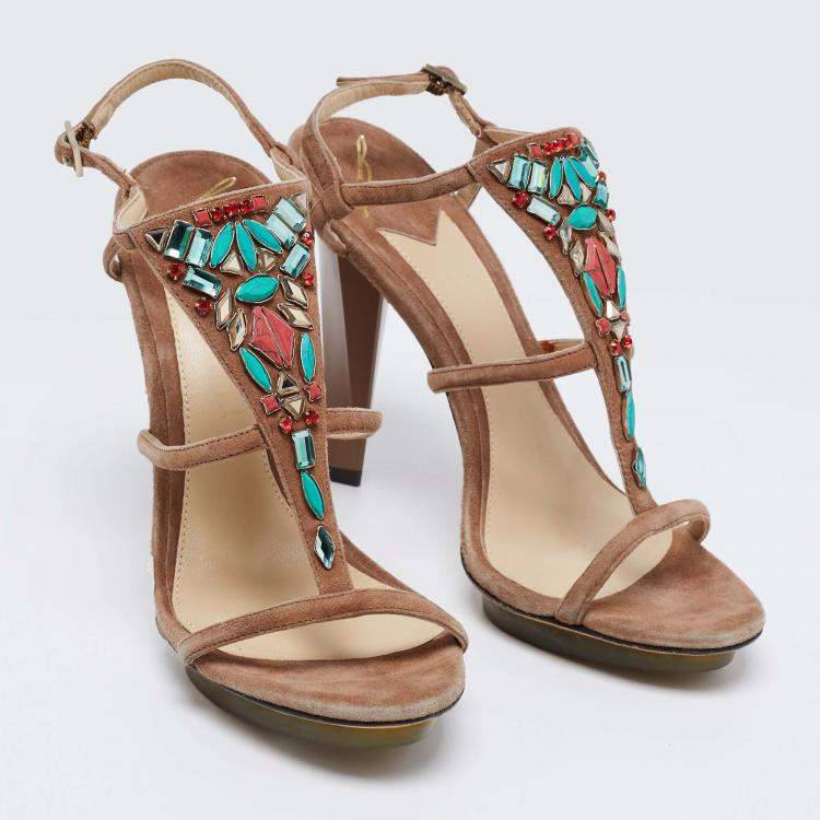 Pre Owned Brian Atwood Brown Suede Donasa Crystal T Strap Sandals Size 38
