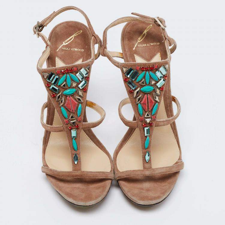 Pre Owned Brian Atwood Brown Suede Donasa Crystal T Strap Sandals Size 38