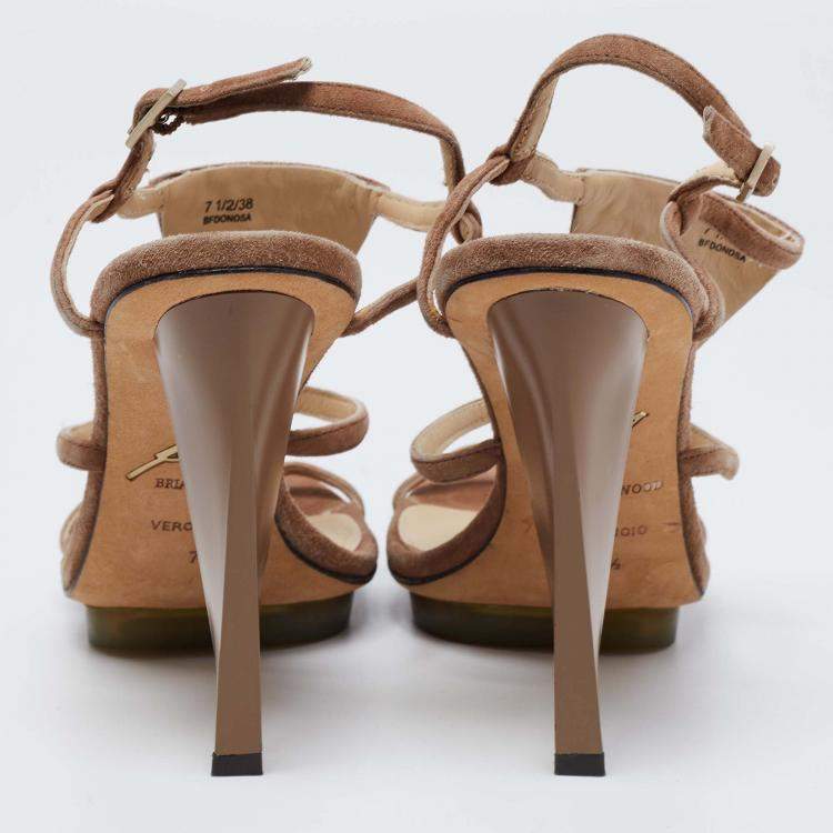 Pre Owned Brian Atwood Brown Suede Donasa Crystal T Strap Sandals Size 38