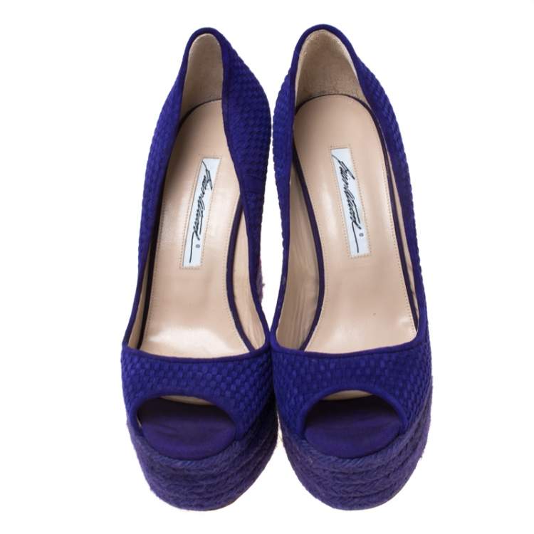 Pre Owned Brian Atwood Purple/Pink Textured Suede and Caflhair Peep Toe Espadrilles  Wedge Pumps Size 38