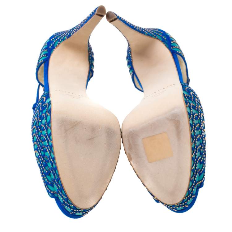 Pre Owned Brian Atwood Blue Tribeca Laser Suede and Leather Mary Jane Platform Sandals Size 38.5