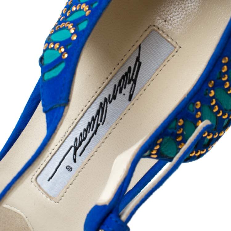 Pre Owned Brian Atwood Blue Tribeca Laser Suede and Leather Mary Jane Platform Sandals Size 38.5
