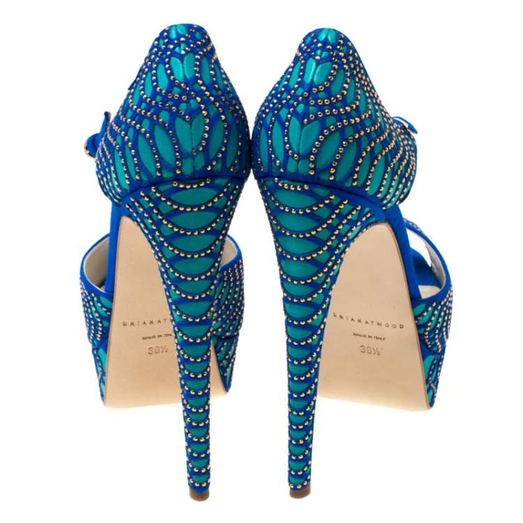 Pre Owned Brian Atwood Blue Tribeca Laser Suede and Leather Mary Jane Platform Sandals Size 38.5
