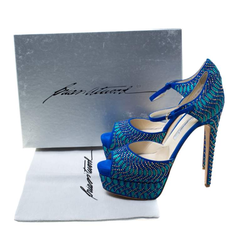 Pre Owned Brian Atwood Blue Tribeca Laser Suede and Leather Mary Jane Platform Sandals Size 38.5