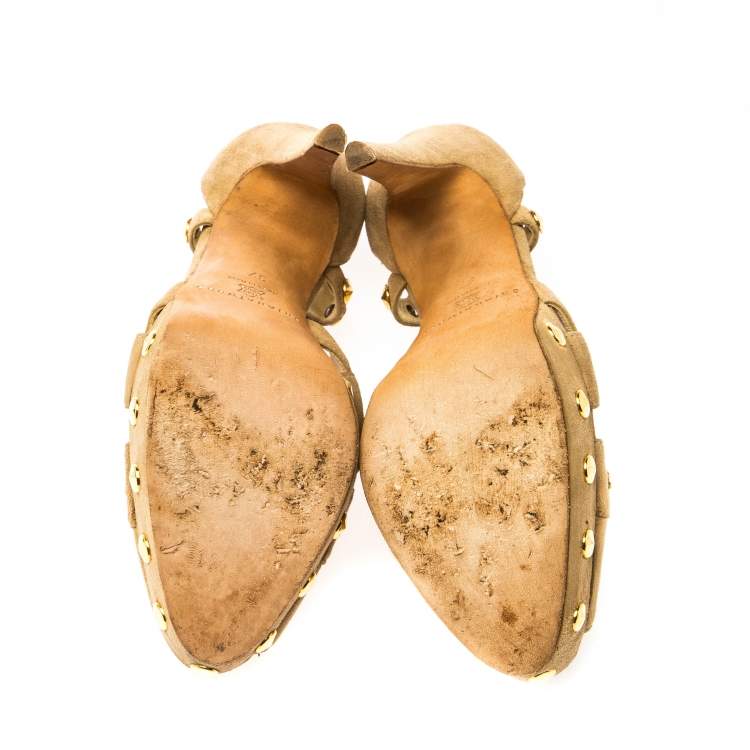 Pre Owned Brian Atwood Beige Cut Out Studded Suede Peep Toe Platform Sandals Size 37