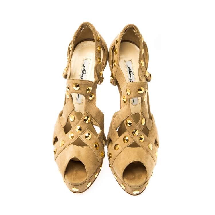 Pre Owned Brian Atwood Beige Cut Out Studded Suede Peep Toe Platform Sandals Size 37