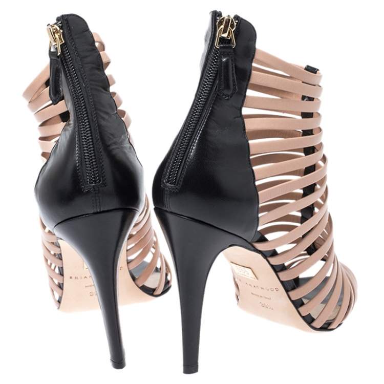 Pre Owned Brian Atwood Beige/Black Dolores Caged Strap Peep Toe Sandals Size 39.5