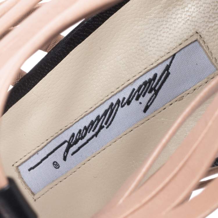 Pre Owned Brian Atwood Beige/Black Dolores Caged Strap Peep Toe Sandals Size 39.5