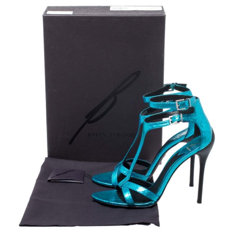Pre Owned Brian Atwood Metallic Blue Python Embossed Leather T Strap Laetitia Sandals Size 39