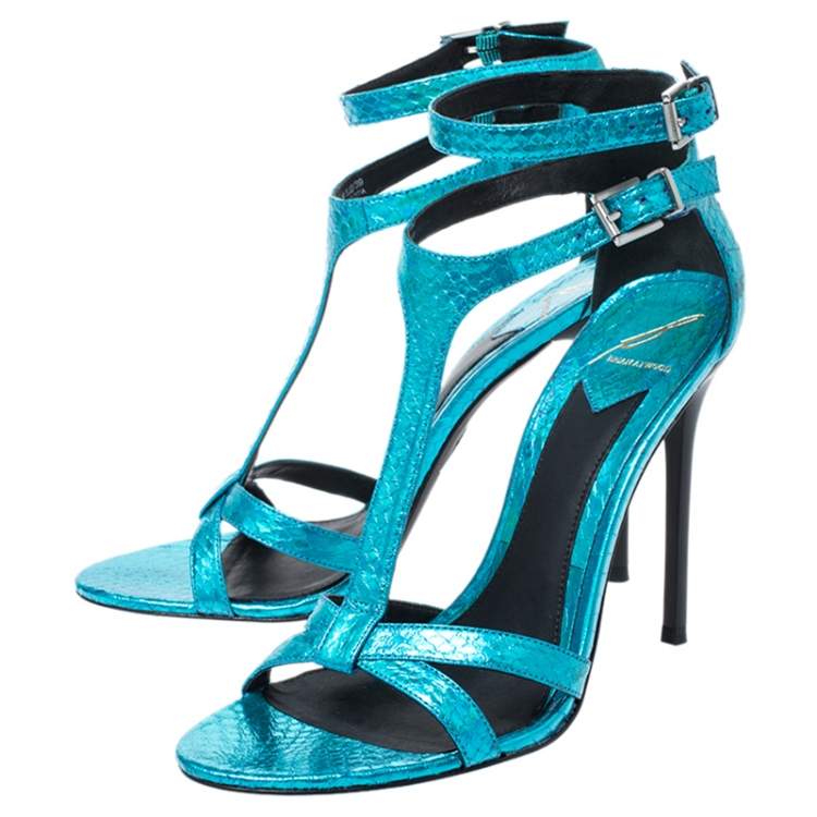 Pre Owned Brian Atwood Metallic Blue Python Embossed Leather T Strap Laetitia Sandals Size 39