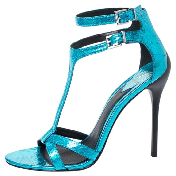 Pre Owned Brian Atwood Metallic Blue Python Embossed Leather T Strap Laetitia Sandals Size 39