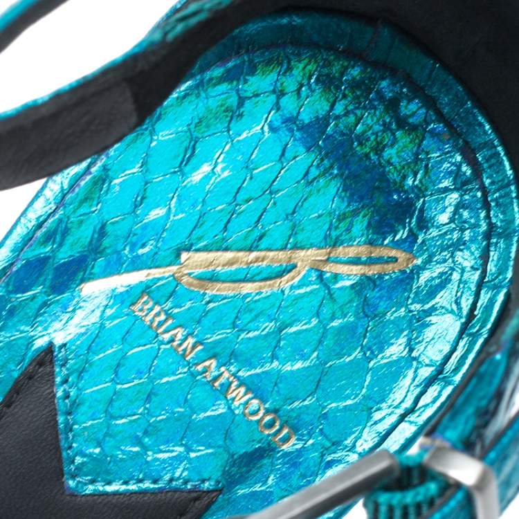 Pre Owned Brian Atwood Metallic Blue Python Embossed Leather T Strap Laetitia Sandals Size 39