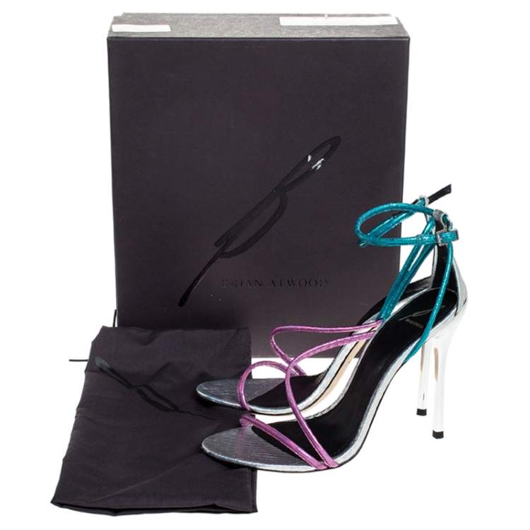 Pre Owned Brian Atwood Metallic Blue/Pink Python Embossed Leather Labrea Sandals Size 39