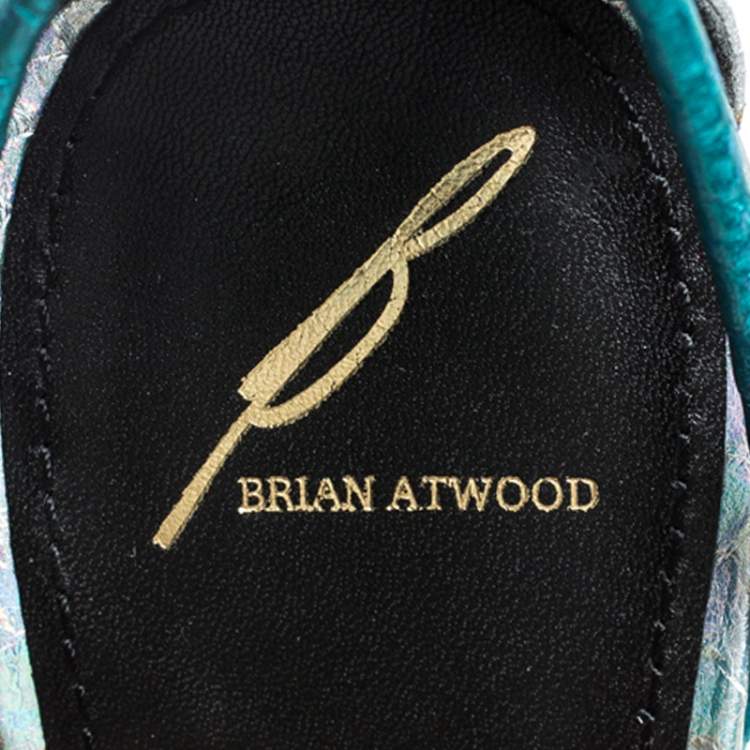 Pre Owned Brian Atwood Metallic Blue/Pink Python Embossed Leather Labrea Sandals Size 39