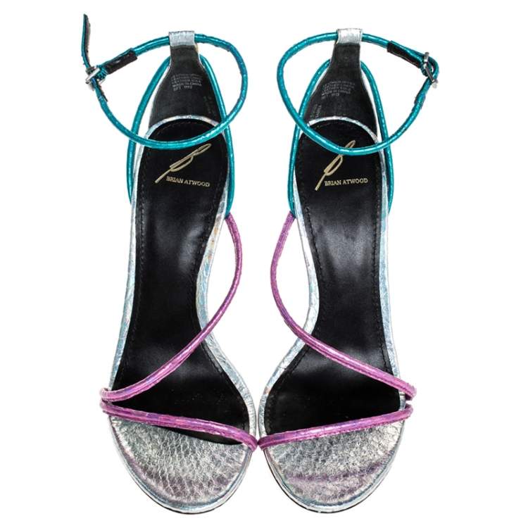 Pre Owned Brian Atwood Metallic Blue/Pink Python Embossed Leather Labrea Sandals Size 39
